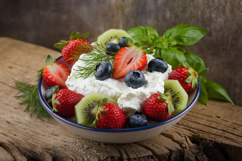 Bowl of cottage cheese with fresh fruits and herbs, showing a perfect mix of sweet and savory flavors.

