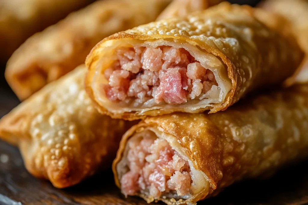 Close-up of an egg roll with pink pork filling inside

