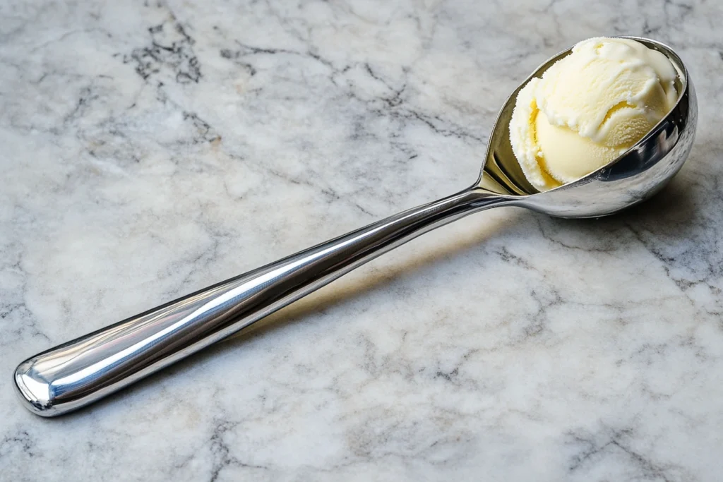 A stainless steel ice cream scoop with a soft-grip handle scooping hard ice cream.

