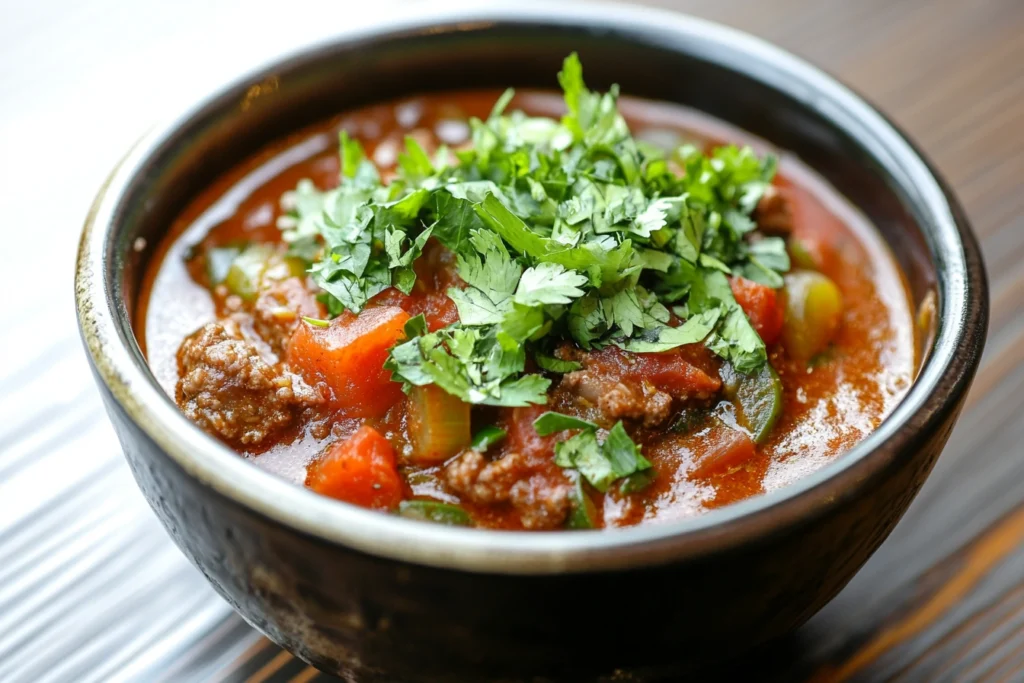 A bowl of goulash topped with fresh herbs

