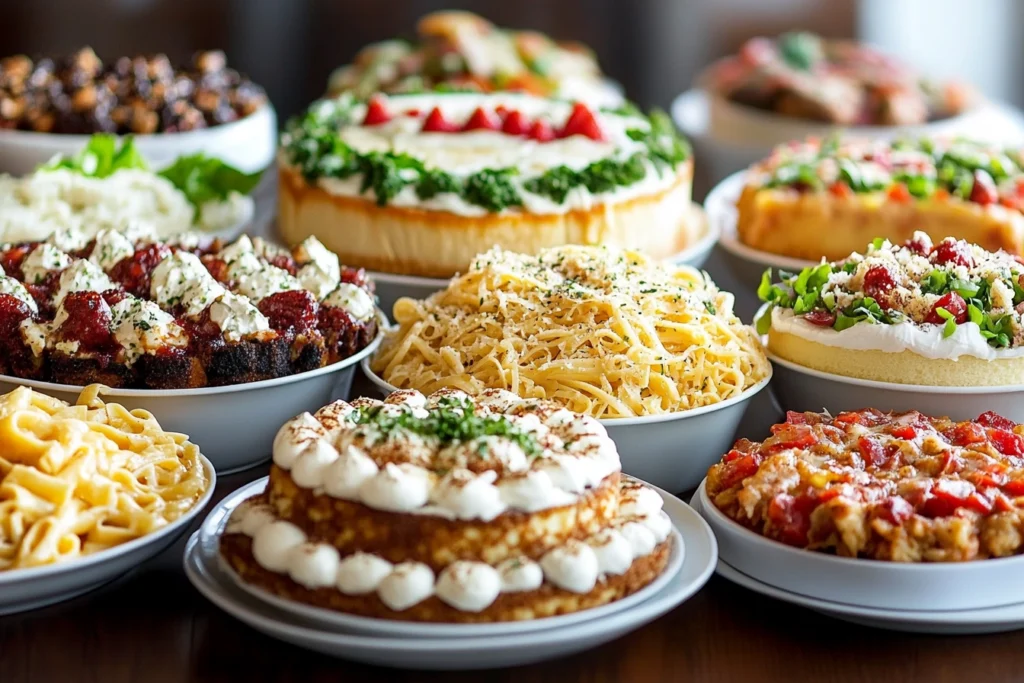 A visual representation of the Cheesecake Factory menu featuring popular dishes and pricing for 2024, highlighting signature cheesecakes and entrées.

