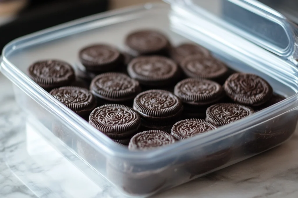 A stack of beautifully decorated chocolate covered Oreos in an airtight container, ready for proper storage.

