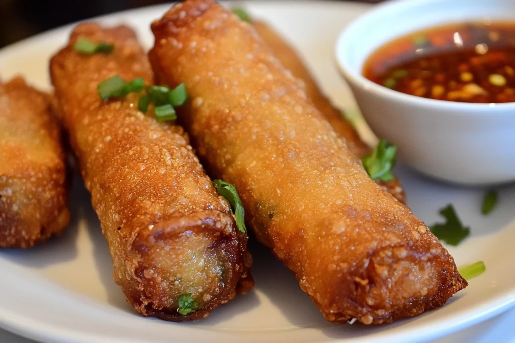 Crispy Costco egg rolls served with dipping sauce

