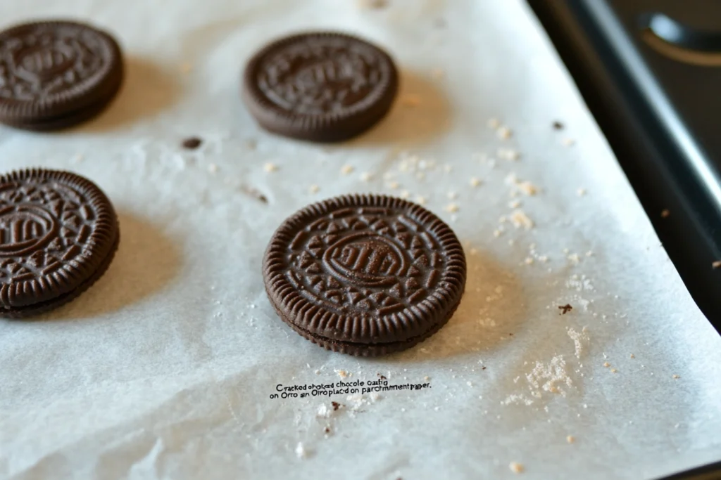 "Cracked chocolate coating on an Oreo placed on parchment paper."

