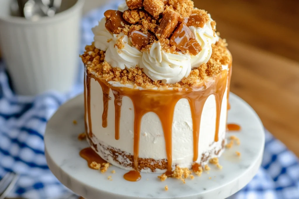 "Delicious Better Than Sex Cake topped with whipped cream, caramel, and crushed toffee."

