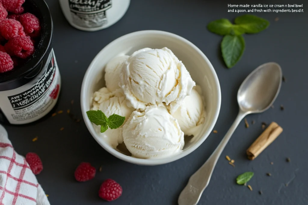 "Homemade vanilla ice cream in a bowl with a spoon and fresh ingredients beside it."

