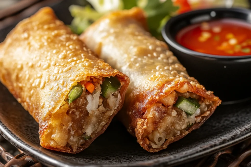 "Imperial roll and egg roll side by side on a plate with dipping sauce, highlighting the differences in texture and wrapper."

