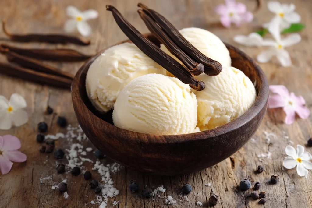 "Ingredients for vanilla ice cream, including heavy cream, sugar, and vanilla beans, laid out on a kitchen counter."

