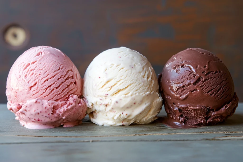 Three scoops of Neapolitan ice cream showcasing chocolate, vanilla, and strawberry layers

