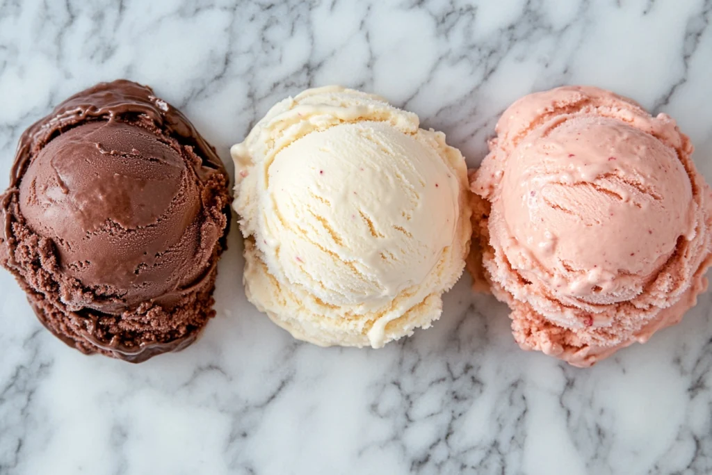 Three scoops of Neapolitan ice cream showing chocolate, vanilla, and strawberry layers side by side.

