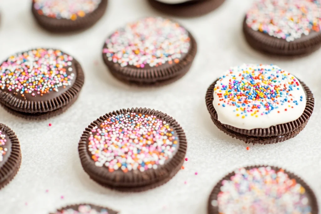 "Oreo cookies dipped in chocolate and decorated with sprinkles, ready for storage."

