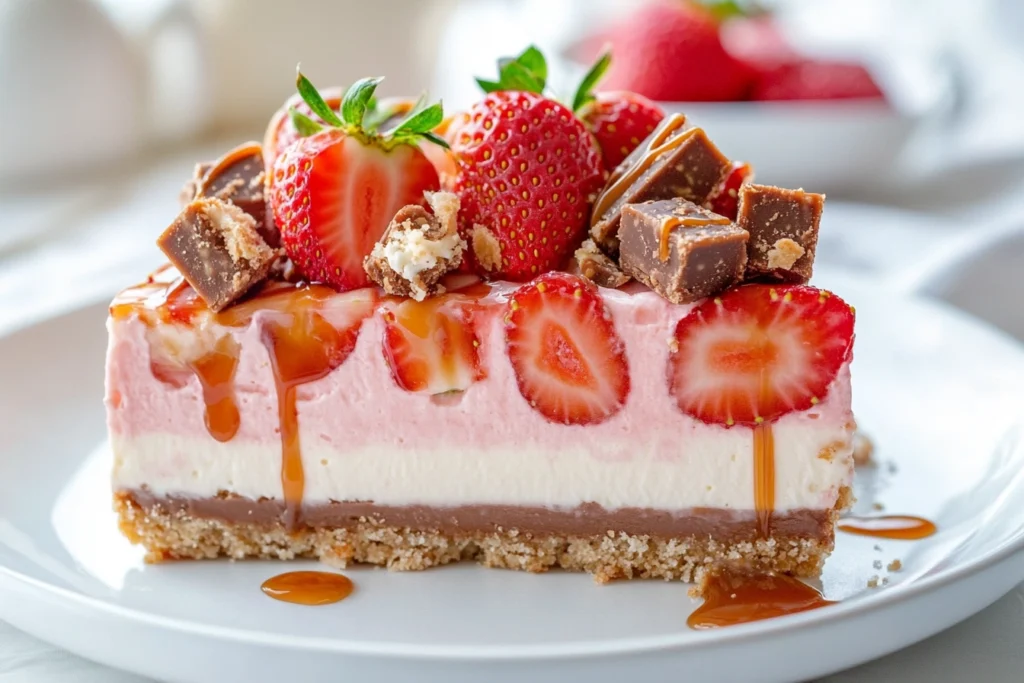 A slice of Snickers strawberry cheesecake topped with fresh strawberries, caramel drizzle, and chopped Snickers bars.

