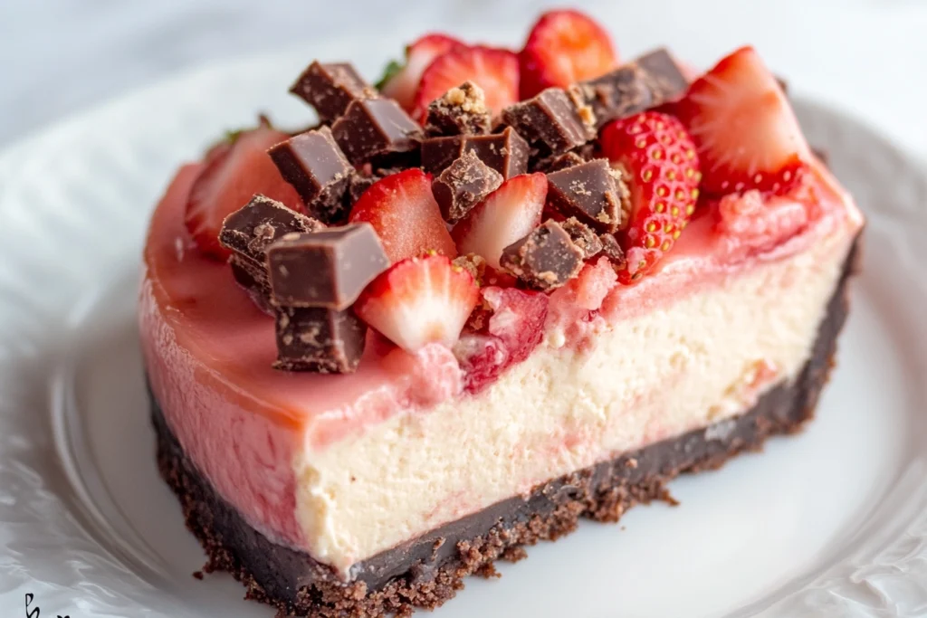 A delicious slice of Snickers Strawberry Cheesecake topped with fresh strawberries and chopped Snickers bars.

