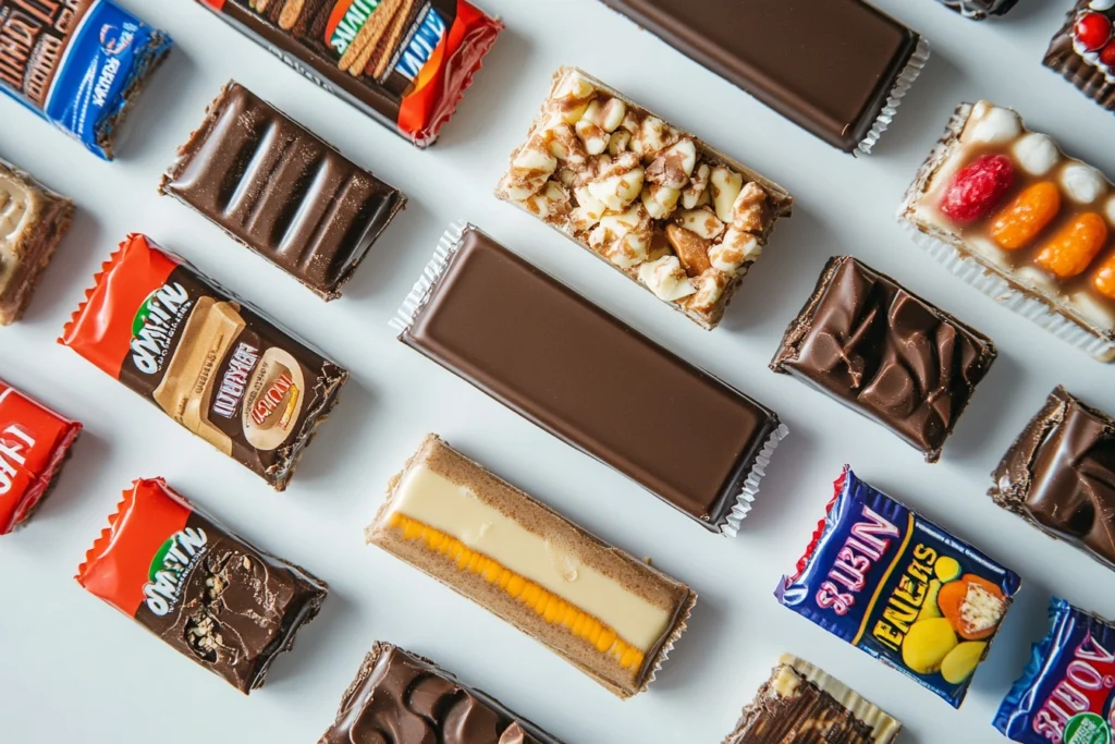 Various Snickers bar types laid out, showcasing different flavors and packaging.

