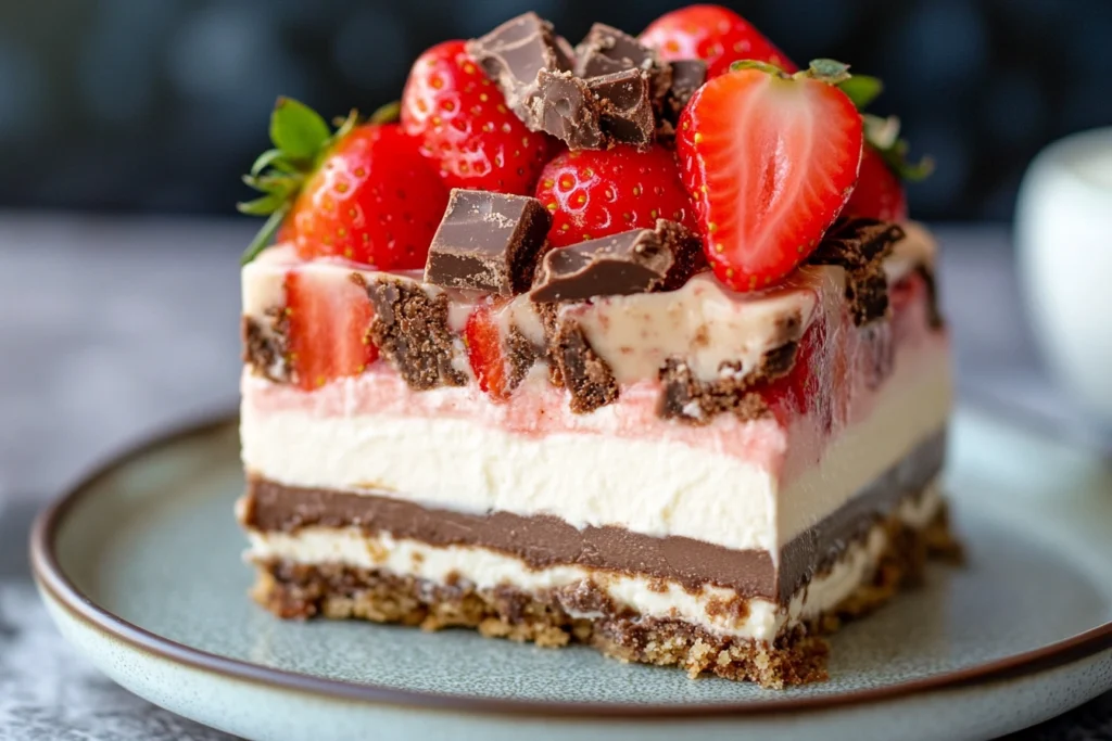 A layered dessert featuring Snickers, cheesecake, and strawberries, inspired by the viral Strawberry Cheesecake Snickers trend.

