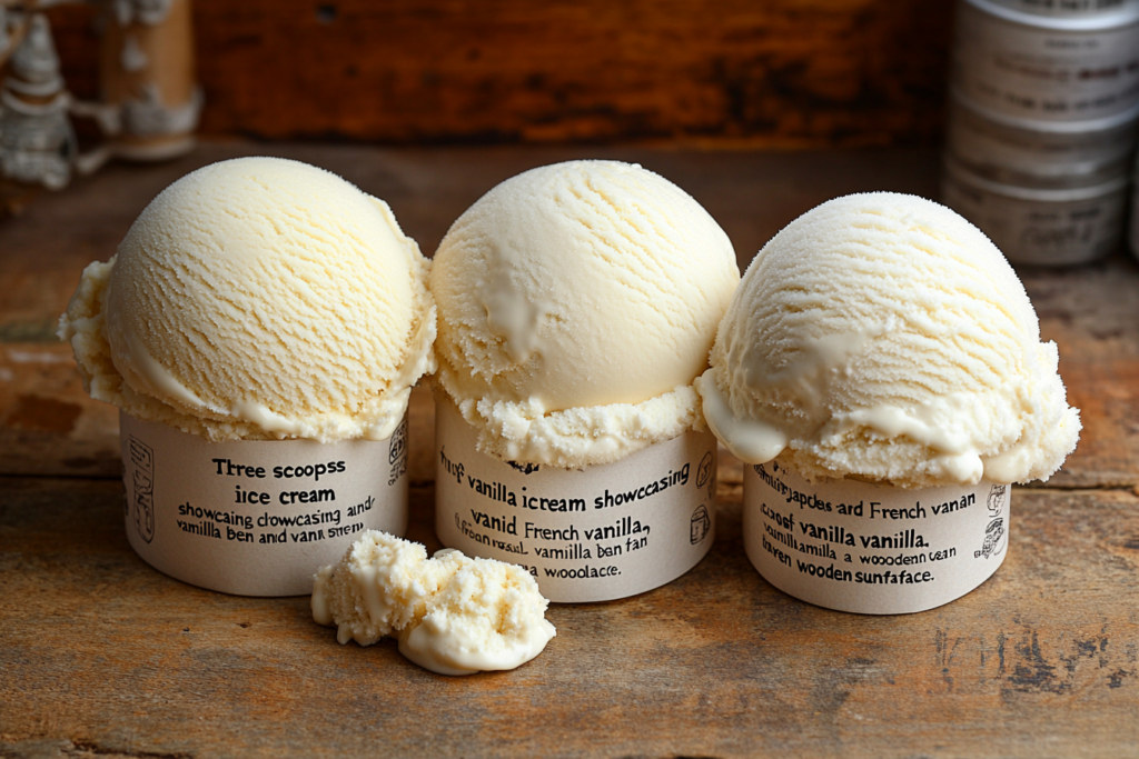 "Three scoops of vanilla ice cream showcasing classic vanilla, French vanilla, and vanilla bean on a wooden surface."

