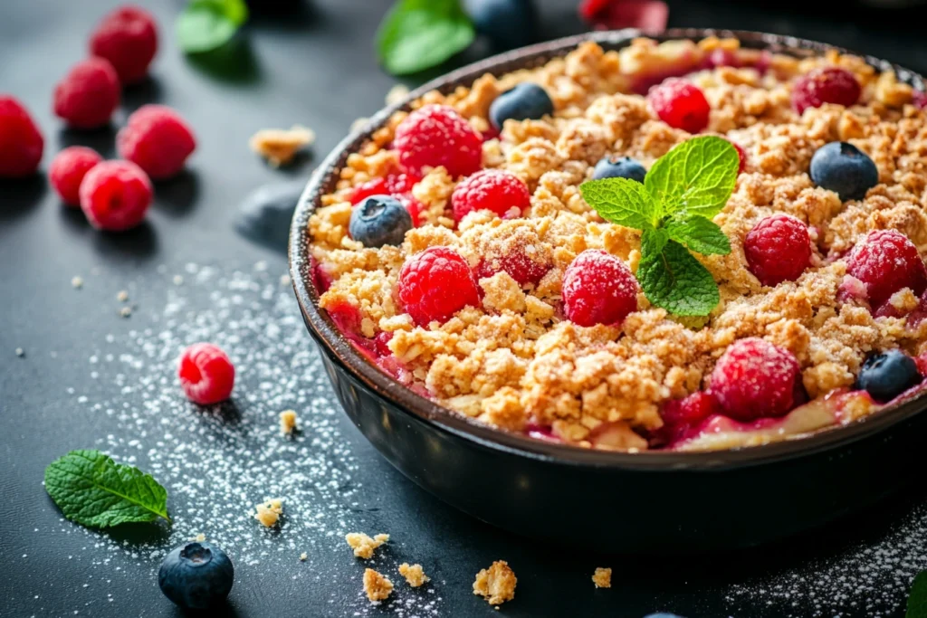 Fruit crumble dessert with crispy golden topping

