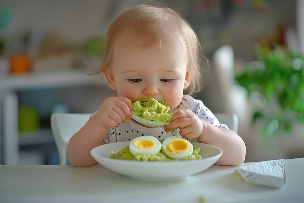 A baby sitting in a high chair enjoying mashed avocado and soft-boiled egg, showcasing nutritious first meals.

