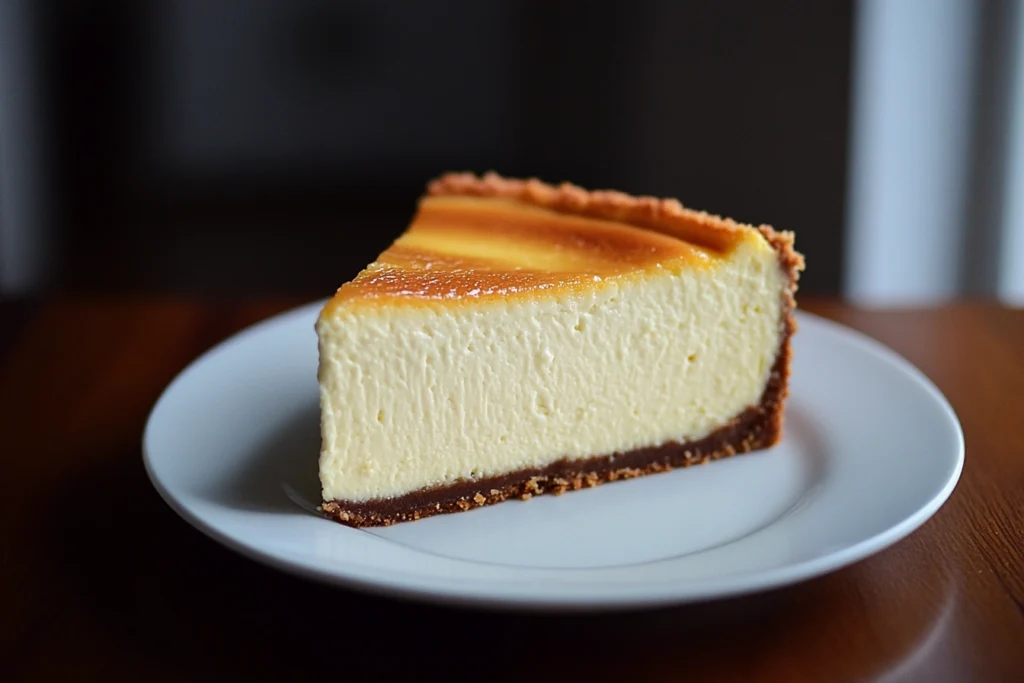 A perfectly baked, creamy cheesecake with no cracks on a white plate.

