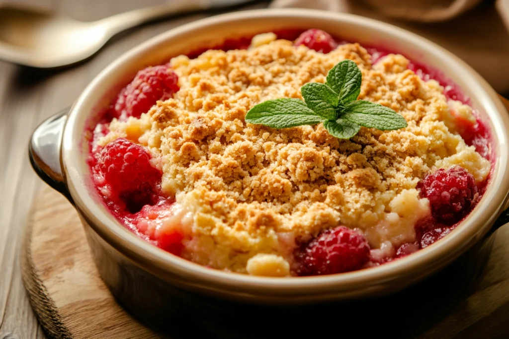 Close-up of a golden crumble topping on a fruit dessert

