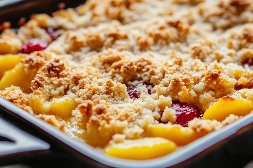 Golden, crispy crumble topping on a freshly baked fruit dessert

