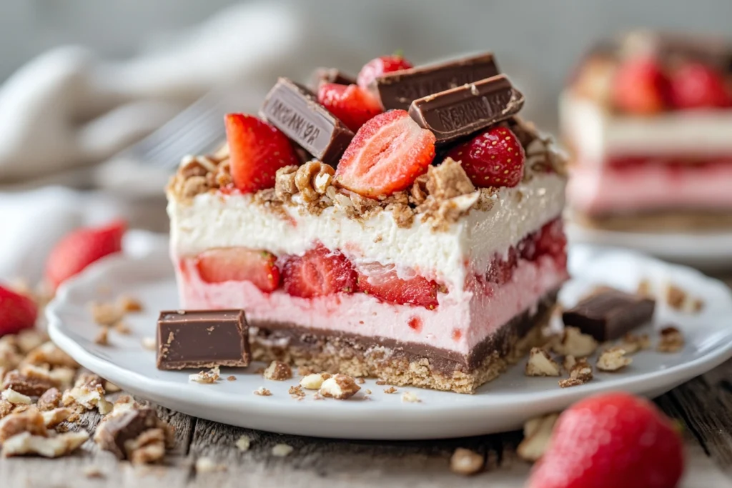 Strawberry Cheesecake Snickers dessert with layers of strawberries, cheesecake, and Snickers bars

