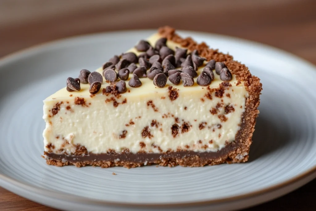 A slice of rich, creamy chocolate chip cheesecake with a golden graham cracker crust and chocolate chips sprinkled on top.

