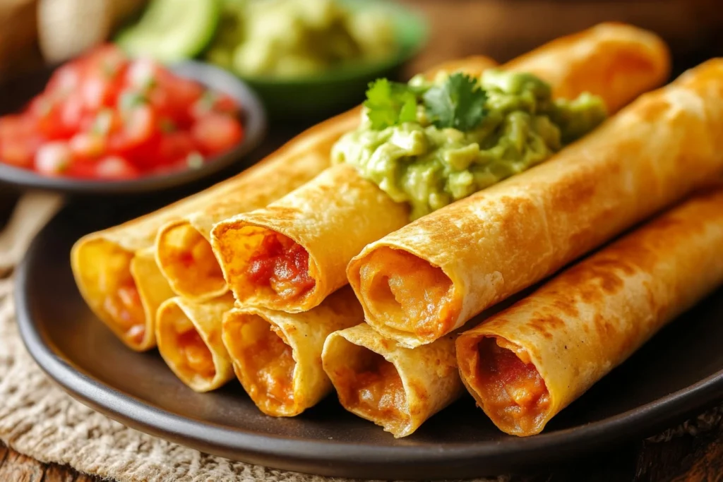 Crispy Mexican flautas served with guacamole and salsa

