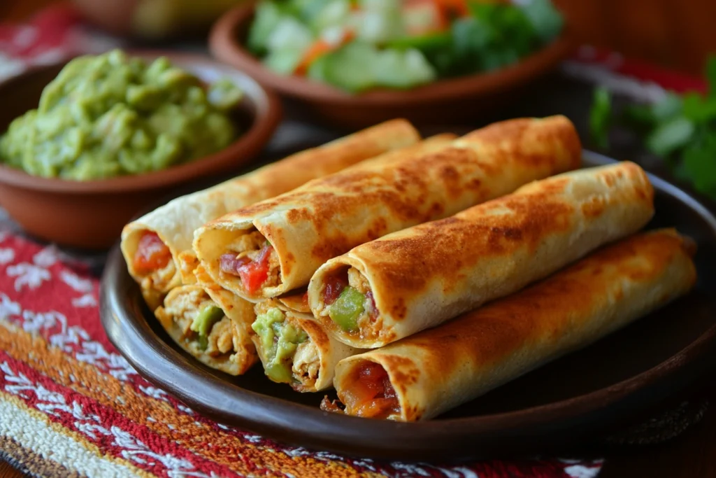 A plate of crispy flautas filled with shredded chicken, served with sides of fresh salsa, guacamole, and sour cream.

