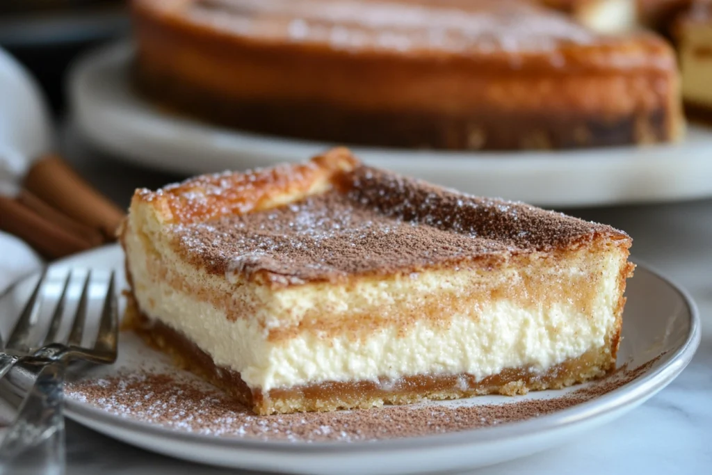 A delicious churro cheesecake topped with cinnamon sugar, featuring a flaky crust and creamy cheesecake center.

