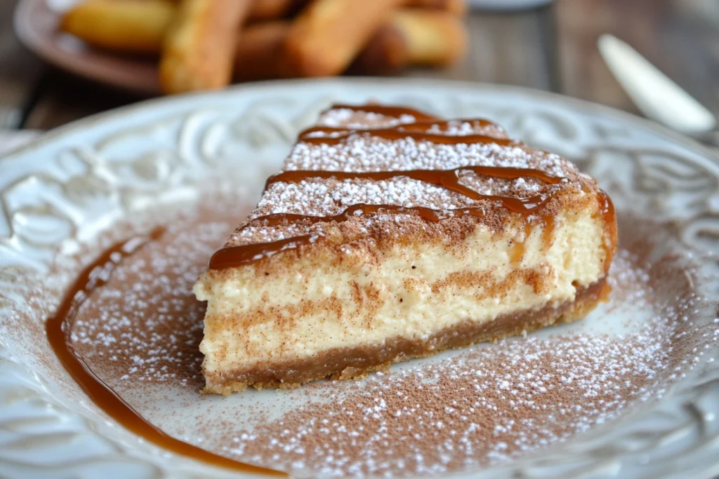 A delicious slice of churro cheesecake topped with cinnamon sugar and drizzled with caramel.

