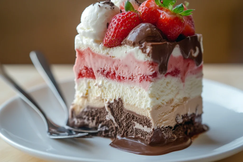 Neapolitan ice cream with chocolate, vanilla, and strawberry layers

