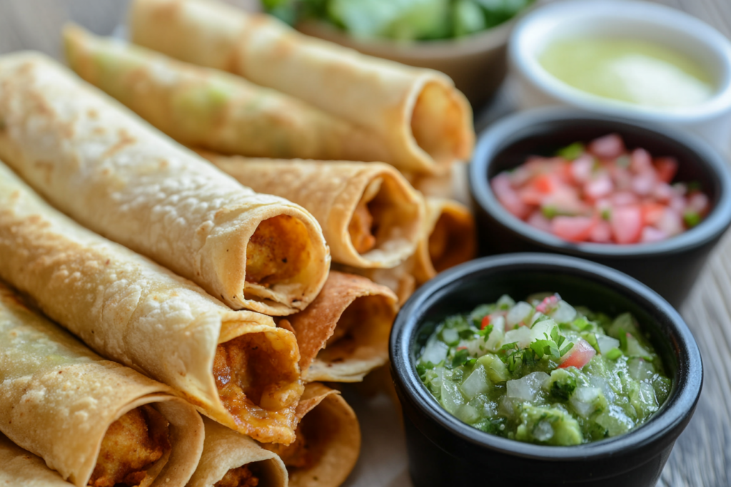 Crispy flautas and taquitos side by side with dipping sauces

