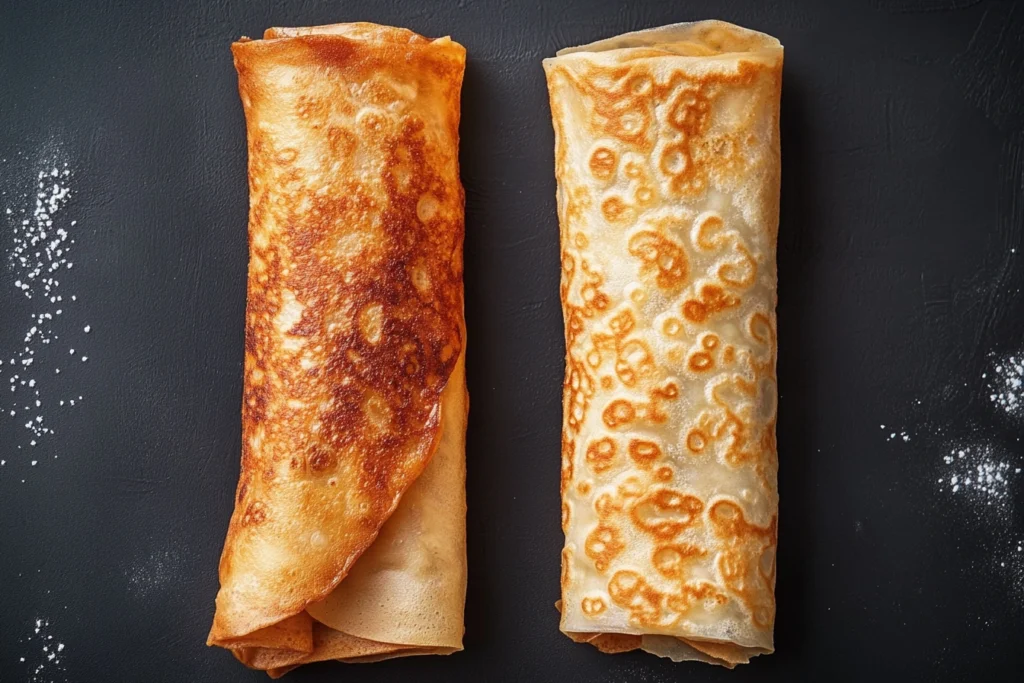 A close-up image showing an egg roll and a pancake roll side by side on a plate, highlighting the differences in their wrappers and appearance.

