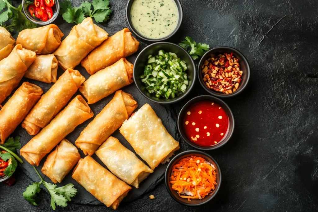 Comparison of fried egg rolls and fresh spring rolls with dipping sauces

