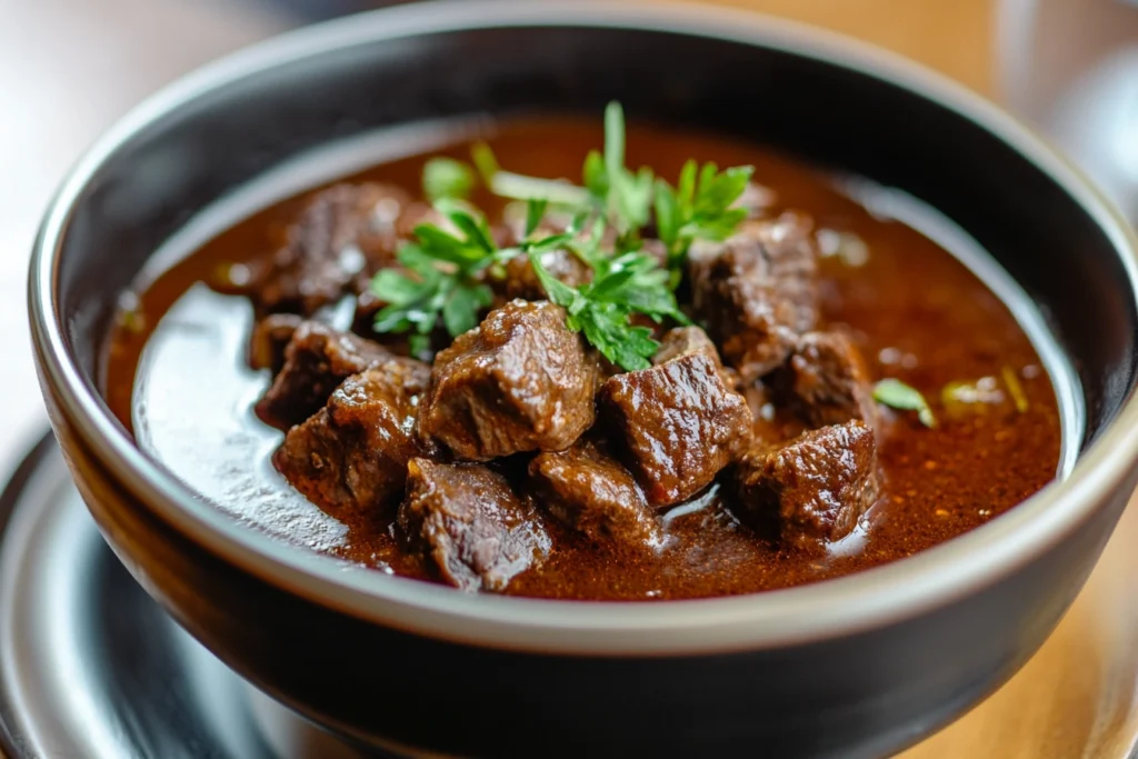 A close-up of a bowl filled with rich, hearty goulash sauce featuring chunks of beef, bright red paprika, and a savory broth.

