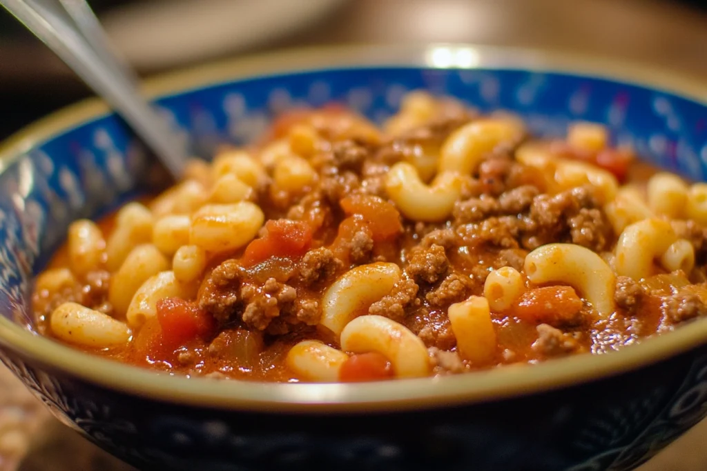 A close-up of a bowl filled with hearty American goulash, featuring ground beef, elbow macaroni, and a rich tomato sauce, topped with cheddar cheese.

