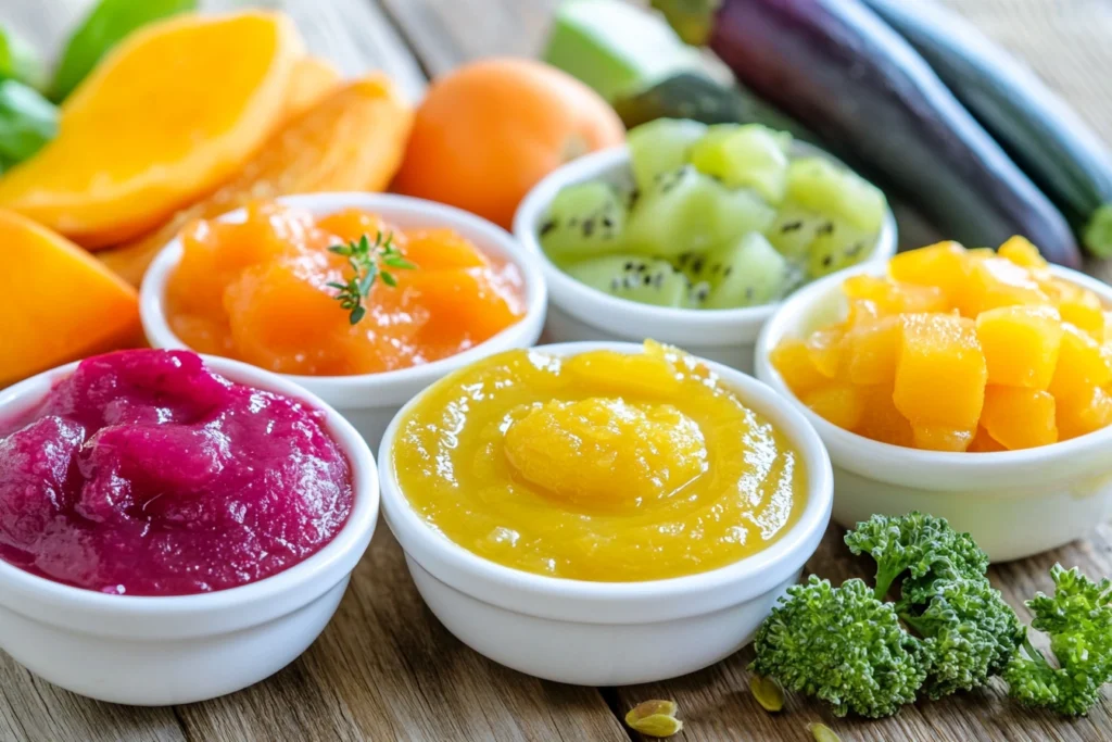 A variety of colorful homemade baby food purees made from fruits and vegetables, displayed in small bowls.

