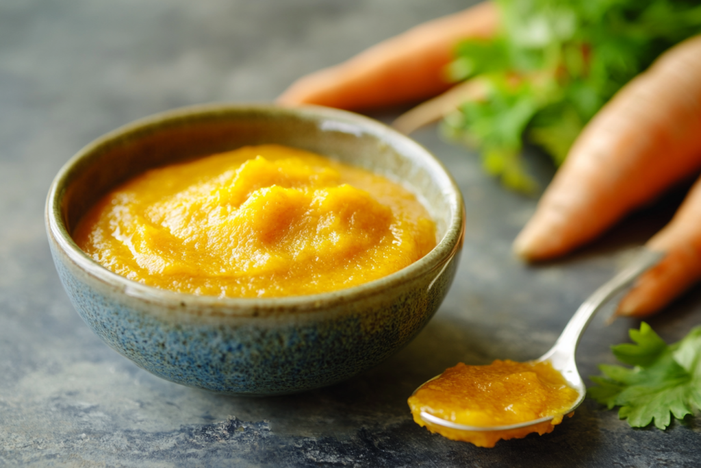 Homemade baby food puree in a bowl with a spoon, next to fresh vegetables

