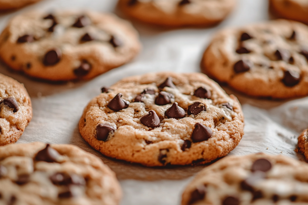 Chocolate chips partially melted inside freshly baked cookies.

