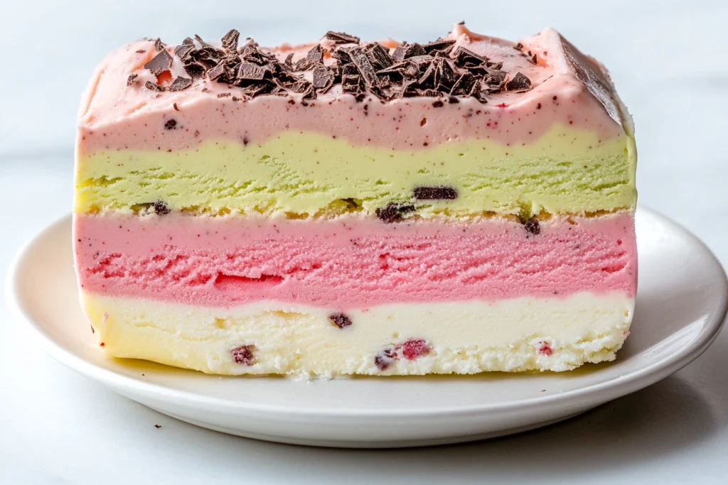 A sliced block of Harlequin ice cream showing colorful layers of vanilla, chocolate, strawberry, and pistachio flavors.

