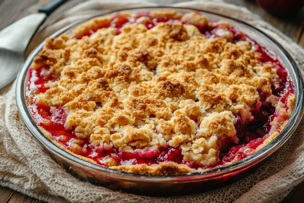 Golden, crispy crumble topping over fruit filling

