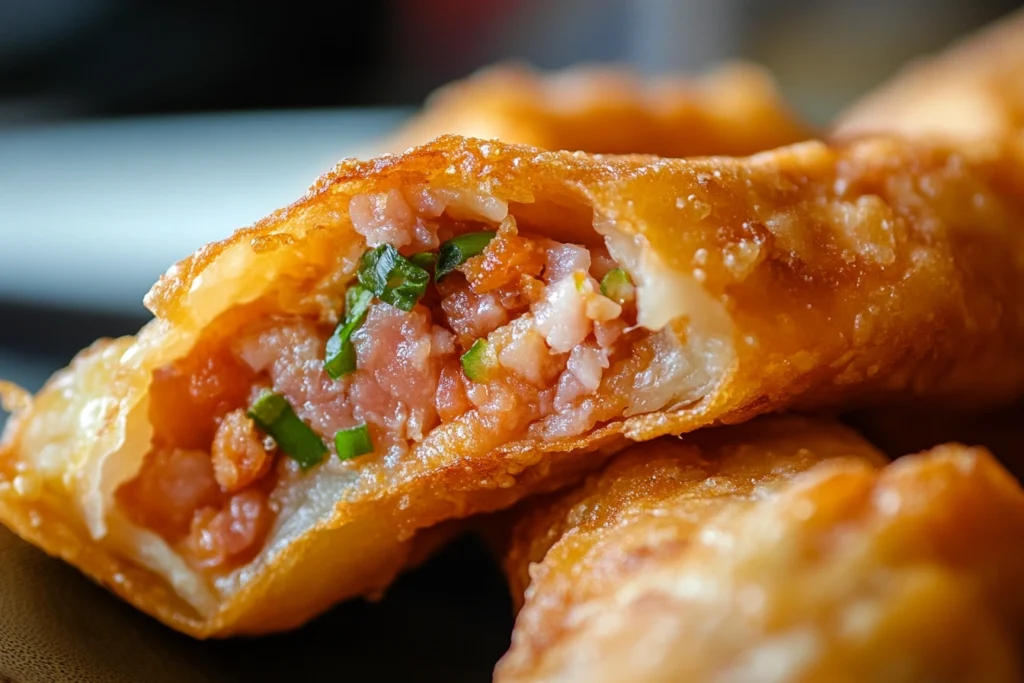 Close-up of a crispy egg roll with pink pork filling

