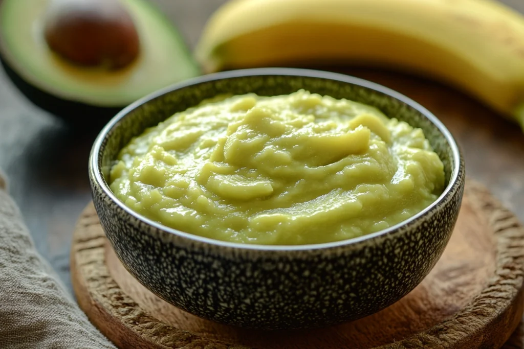 A bowl of mashed avocado and banana puree for baby’s first food

