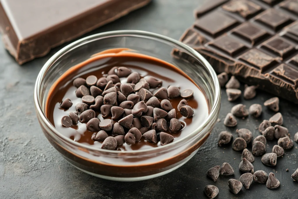 Melted chocolate chips in a bowl next to a block of Baker’s chocolate.

