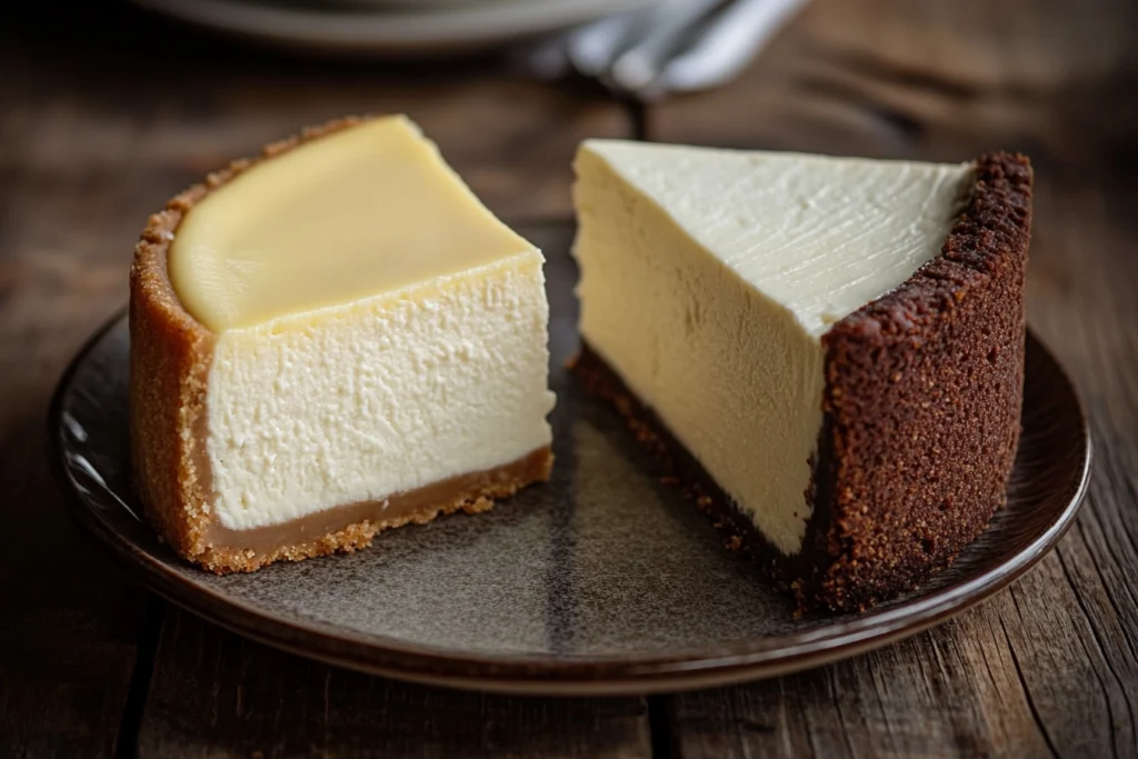 A slice of traditional cheesecake next to a slice of New York cheesecake on a plate.

