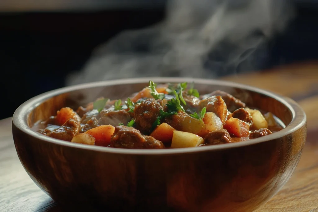 A steaming bowl of traditional Hungarian goulash with beef and vegetables

