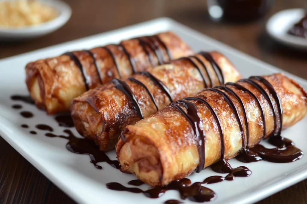 Golden brown cherry cheesecake egg rolls on a plate, served with a drizzle of chocolate sauce