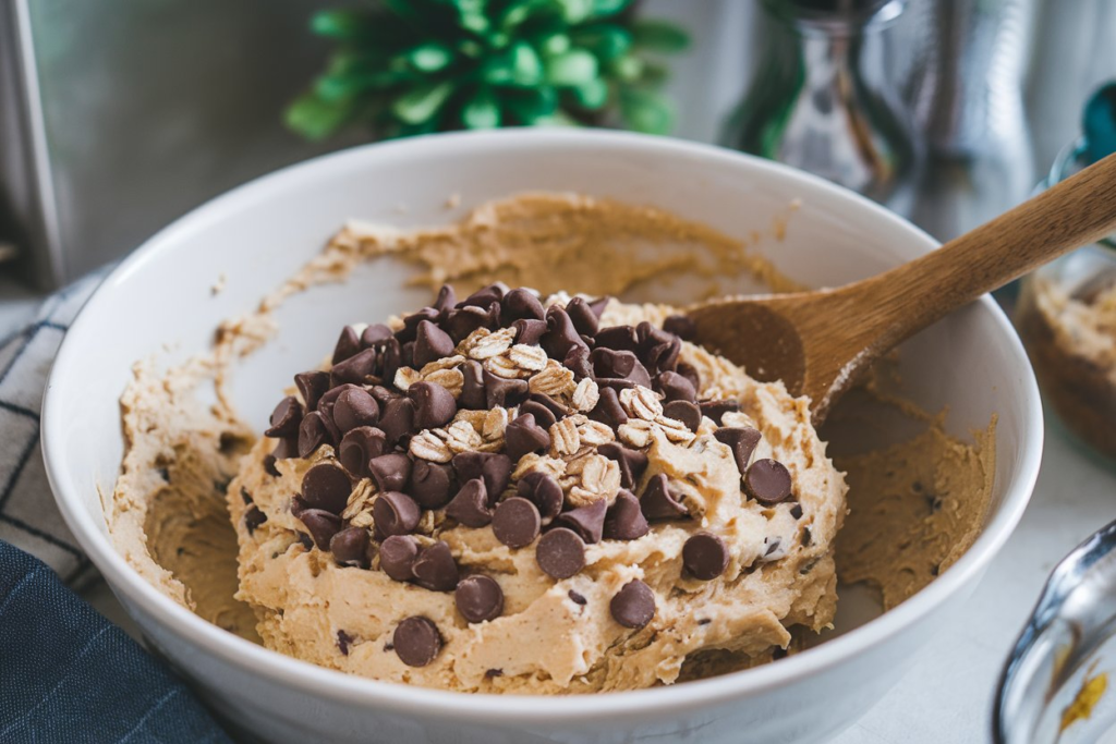 Smooth cottage cheese batter being mixed in a bowl, ready for baking.