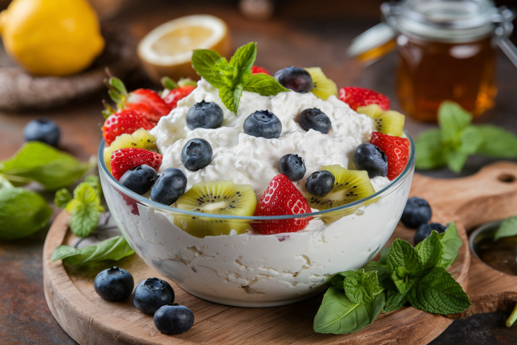 Bowl of cottage cheese with fresh fruits and herbs, showing a perfect mix of sweet and savory flavors.

